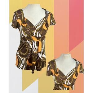Vintage Y2K Seventeen Fashion Babydoll Sweetheart Neckline Geo Peach Brown Top M